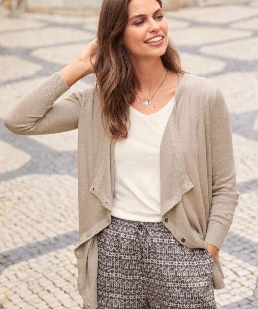 Garnet Hill Tan Organic Linen Drape Front Button Cardigan Sz M Waterfall Coastal